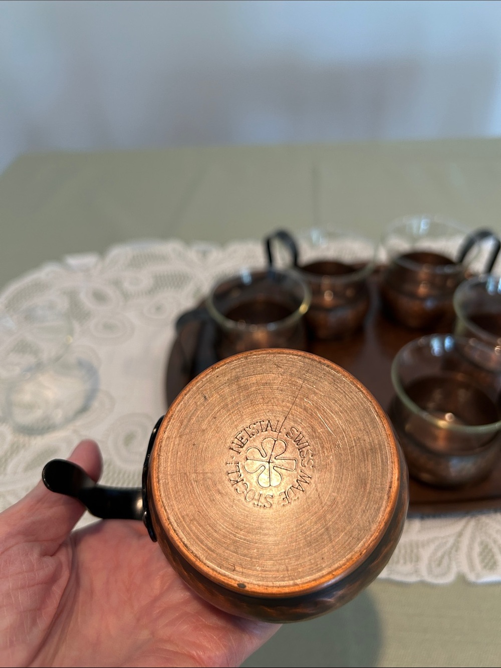 MCM Hammered Copper Glass Tea Cup Set - 6pc Swiss made Stockli Netstal Rare - Picture 5 of 8